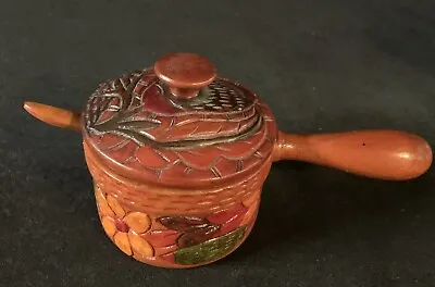 Vintage Beautiful Hand Carved Painted Wooden Bowl W/lid Handle & Spoon • $19.99