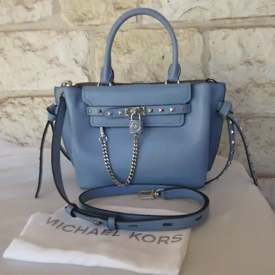 NWT Michael Kors Hamilton Legacy SM/MD Leather Belted Stud Satchel RARE LT Blue • $350.55