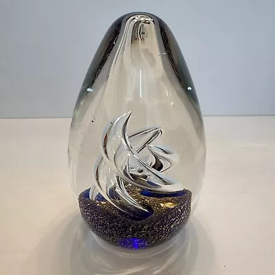 Large ART GLASS CLEAR Egg W Bubble Swirl Cobalt Blue Gold Base Paperweight 5” • $24