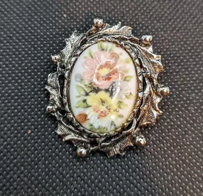 Vintage Silvertone Painted Flower Cabochon Oval Brooch Pin • $9.99