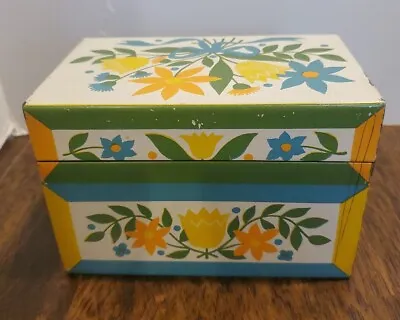 Vintage 1960s Syndicate Tin Metal Recipe File Box Floral Yellow Blue Green  • $16.99