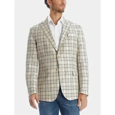 Tallia Men's Slim-Fit LINEN Plaid Blazer 38S Tan Sport Coat • $21.12