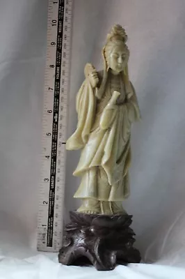 Antique/Vintage Chinese Hand Carved Soapstone Asian Statue Figure Stone Base • £32