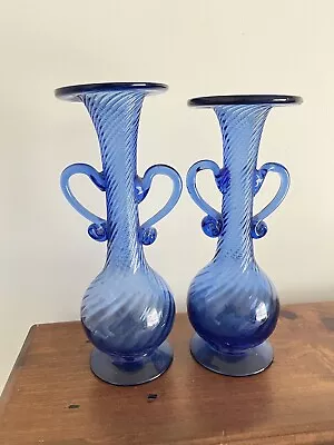 Mid Century Cobalt Blue Art Glass Footed & Handled Vase X2 Swirl Design Empoli • $120