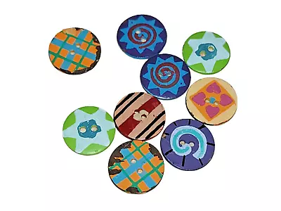 Vintage Lot Of 8 Wooden Multicolor Art Buttons 2 Hole Mixed Color Sewing Crafts • $7.99