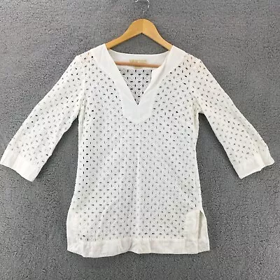 Michael Kors Top Womens 4 White Eyelet Tunic Blouse 3/4 Sleeves Vneck Casual • $12.74