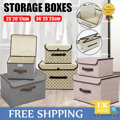 £6.99 • Buy SET OF 2 Foldable Canvas Storage Box With Lid Folding Fabric Clothes Basket Tidy