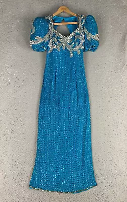 Nadine 90s Silk Sequin Beads Dress Puff Sleeve Prom Formal Blue Silver 9/10 • $78.97