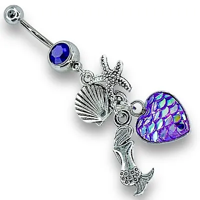 14g Blue Cz Dangle Mermaid Shell Purple Heart Fish Scale Belly Ring B467 • $9.99