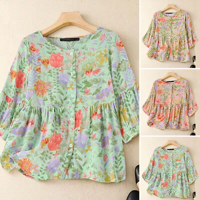 ZANZEA Women Long Sleeve O Neck Swing Shirt Tee Floral Printed Tops Loose Blouse • $25.77