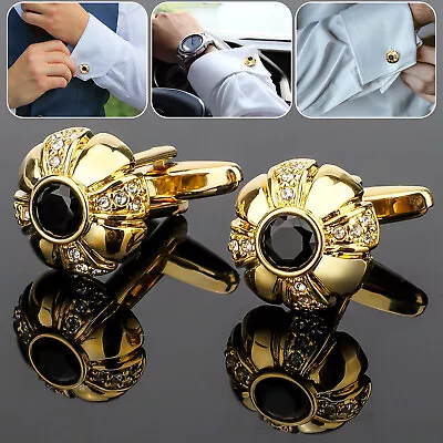 Men Cufflinks Shirt Suit Cuff Links Gold Black Jewelry Rhinestone Wedding Party • $8.98