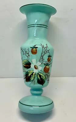 Light Teal Blue Glass Vase Hand Painted Bristol?  Berries Flowers Vintage Granny • $19.50