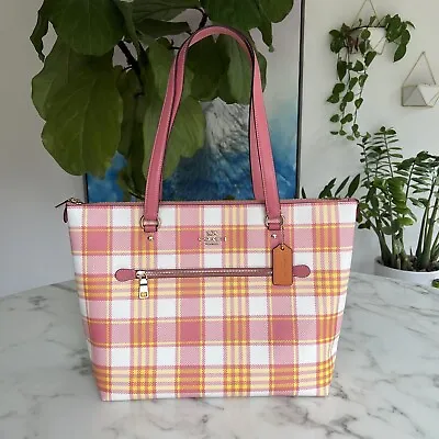 NWOT COACH Gallery Tote With Garden Plaid Print C8755 Pink Yellow White • $179