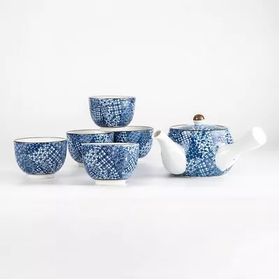 Mino Ware Japan Green Tea Cup Pot Yunomi Kyusu Set Of 5Gojo Blue • £83.95