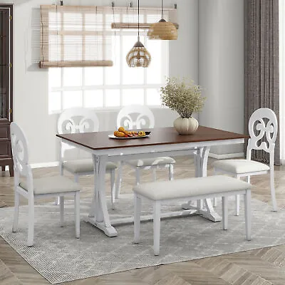  6-Piece Dining Table Set Mid-Century Wood Dining Table Set W/ 6 Chairs 1 Bench  • $797.46