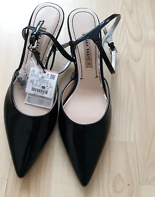 ZARA Black Patent Sling Back  Court Shoes  NEW SIZE UK 7 EU 40 • £19.99