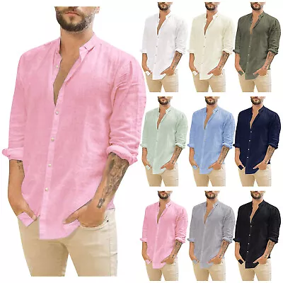 Casual Shirt Mens Linen Long Sleeve Summer Shirts Solid Loose Cotton Blouse Top • $15