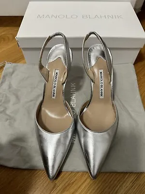 Manolo Blahnik Women's Size 37.5- US 7.5 Carolyne Silver Napa Pointed Toe Heels • $320