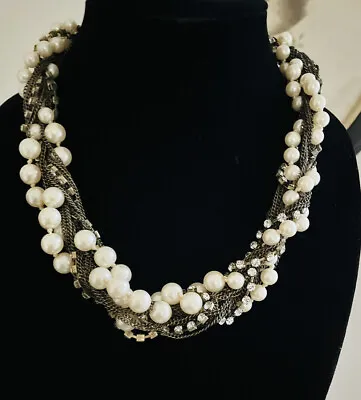 J Crew Vintage Antique Gold Twisted Clear Crystal Pearl Collar Chain Necklace • $22.09