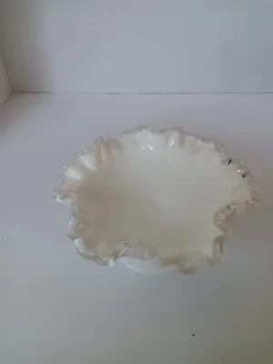 Vintage Silver Crust Milk Glass Footed Candy Dish With Ruffled Edge • $15