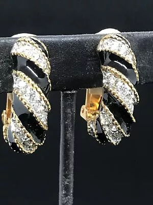 Vintage Kenneth Jay Lane Gold Tone Black Enamel & Pave Crystal Clip-on Earrings • $59.99