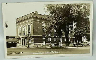 RPPC 1940s Charlotte Michigan Masonic Temple Gulf Gas Station Street Scene • $22.49
