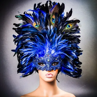 Venice Carnival Masquerade Peacock Feather Mardi Gras Costume Party Mask Blue • $42