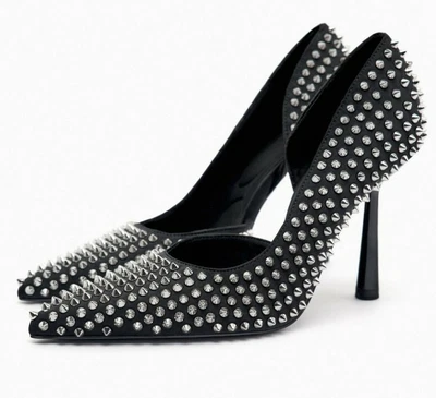 $85 • Buy Zara Studded Pump Heeled Sandals Black With Silver Studs Size 9 New With Tag