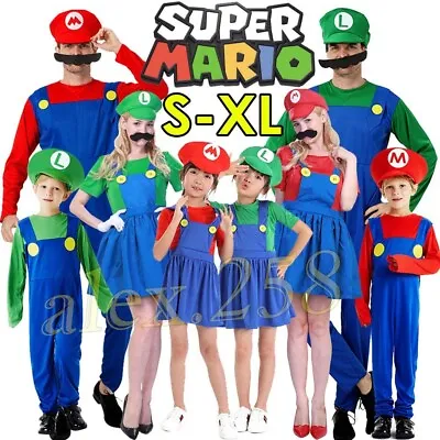 Mens Women Adult Kids Super Mario Luigi Bros Cosplay Fancy Dress Outfit Costume • £14.46