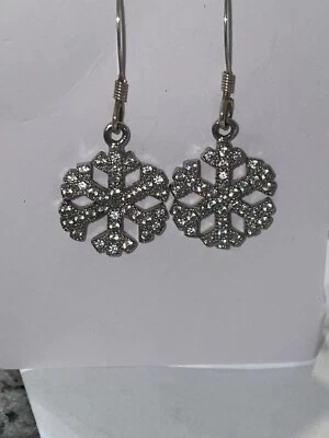 $30 • Buy Vintage 925 Sterling Silver Sparkling Snowflake Hook Earrings Clear CZ