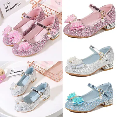 Kids Elsa Princess Shoes Girls Party Sequins Bow Glitter Fancy Dress Sandals • £14.27