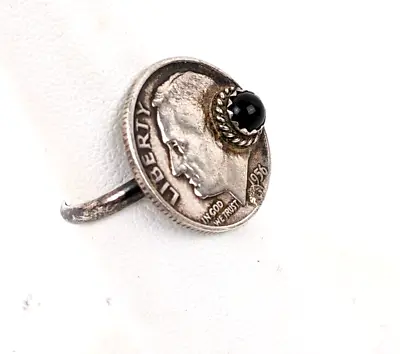 Silver 1956 Roosevelt Dime Ring Set With Onyx Cabochon Sz 6 Coin Jewelry Vintage • $24.95