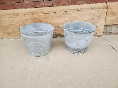 2 Galvanized Metal Buckets 9-1/2  Tall White Tarnish Industrial Flower Garden  • $19.99