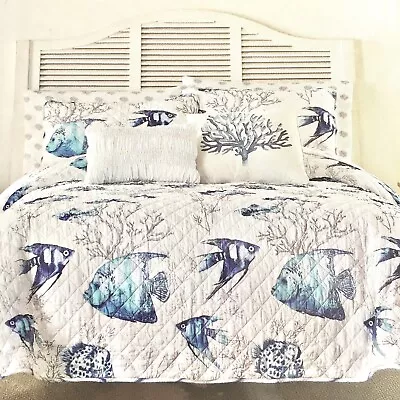 9pc Nicole Miller Blue Fish Coral Ocean QUEEN Quilt Set Sham Sheet Throw Pillow • $176.69