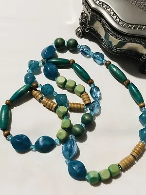 Vintage Estate Jewellery-beaded Long Strand Necklace Turquoise Blue Tones • $24