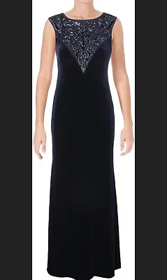 $475 Aidan Mattox Twilight Navy Beaded & Velvet Long Cap Sleeve Gown Size 10 NWT • $145