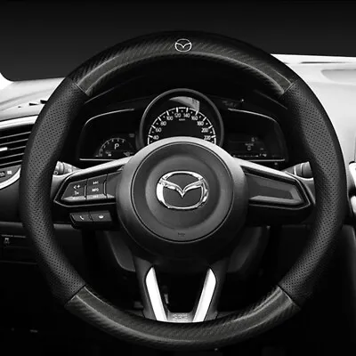 38cm Pinhole Carbon Fiber Car Steering Wheel Cover For Mazda Logo Real Leather • $34.99