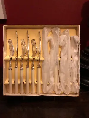 Vintage 1930s Art Deco James Ryals Silver Plate Boxed Six Fish Knives & Forks • £25