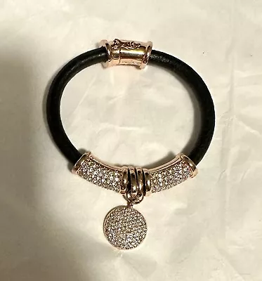 Joan Boyce Pave’ Crystal & Black Leather Love Dangle Bracelet Rose Gold Tone • $19.99