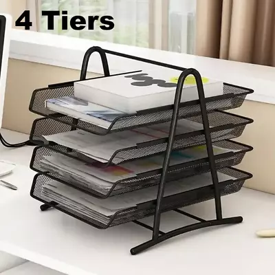 4 Tiers Office Filing Trays Holder A4 Document Paper Wire Mesh Storage Rack • £9.95