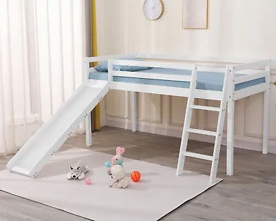 Kids Bunk Beds Mid Sleeper Pine Wooden 3FT Single Cabin Bed Frame Slide & Ladder • £149.95