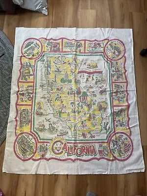 Vintage Tablecloth CALIFORNIA Souvenir Map 1960s 1950s Collectible Mid Century • $25
