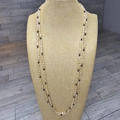 Vintage Faux Rice Pearl Black And Gold Beaded Necklace Super Long 66.5 L • $6