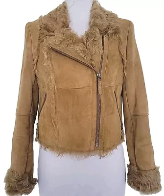 Tan Mongolian Shearling Soft Leather Fur Short Zip Biker Jacket Size S • $200