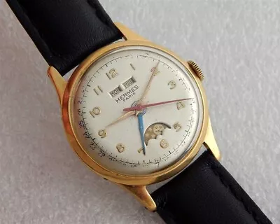 Vintage Manual Hermes Moon Phase Triple Date Silver Dial 33mm Goldplated Case  • $249.99