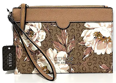 GUESS Liza LARGE BROWN LOGO FLORAL WRISTLET POUCH WALLET CLUTCH HAND BAG New NWT • $56.95
