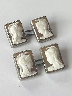 Art Deco Estate Carved Shell Cameo Sterling Silver Spartan Unisex Cuff Links • $149