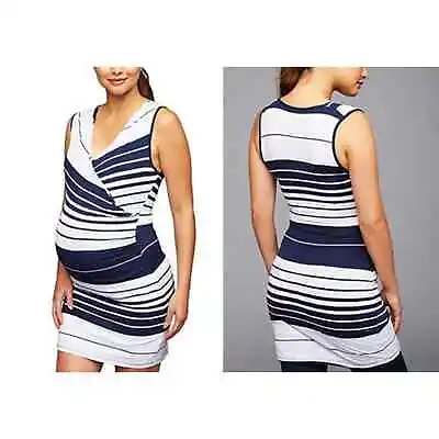 Michael Stars Maternity Striped Sleeveless V-Neck Drape Front Navy Multi Dress • $58