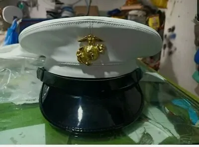 USMC Dress White Marine Hat -  White Vinyl - Never Worn Reproduction • $102.01