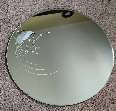 VINTAGE ART DECO 22  DIAMETER ROUND BEVELED GLASS MIRROR W/ ETCHED EXOTIC BIRD • $450